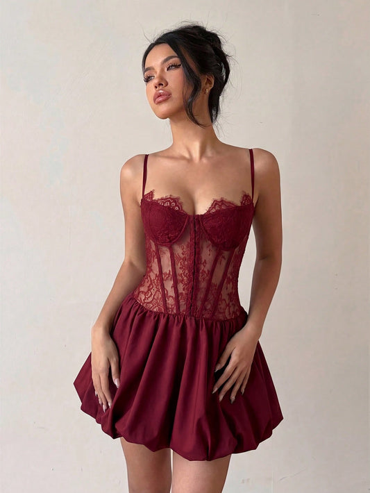 Sexy Lace Patchwork Sheer Camisole Mini Dress