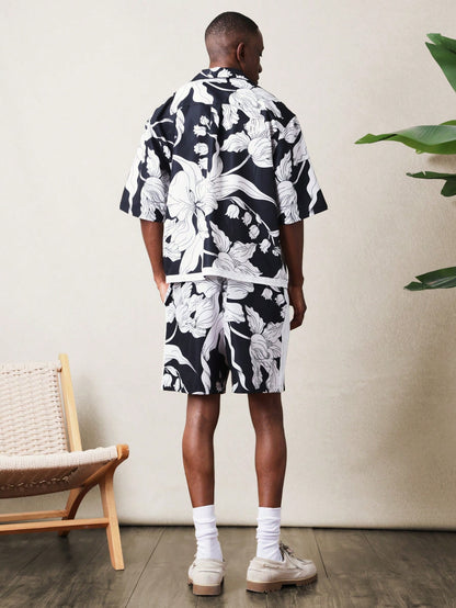 Relaxed Black Floral Shirt and Shorts Two-Piece Set