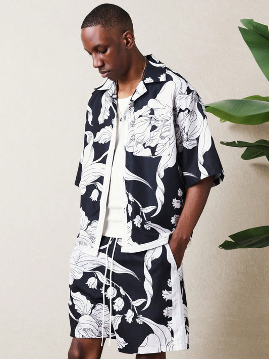 Relaxed Black Floral Shirt and Shorts Two-Piece Set