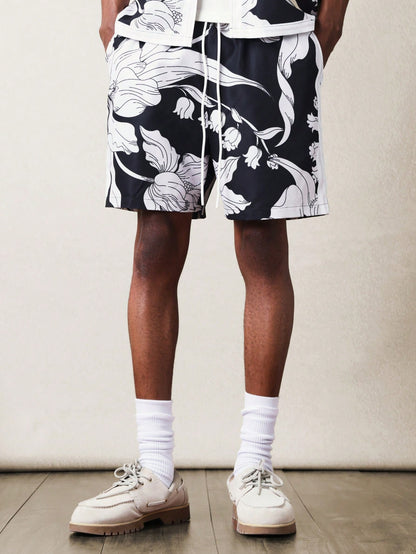 Relaxed Black Floral Shirt and Shorts Two-Piece Set
