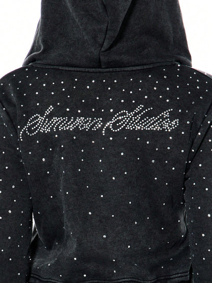 Women's Rhinestone Cropped Polka Dot Zip-Up Hoodie