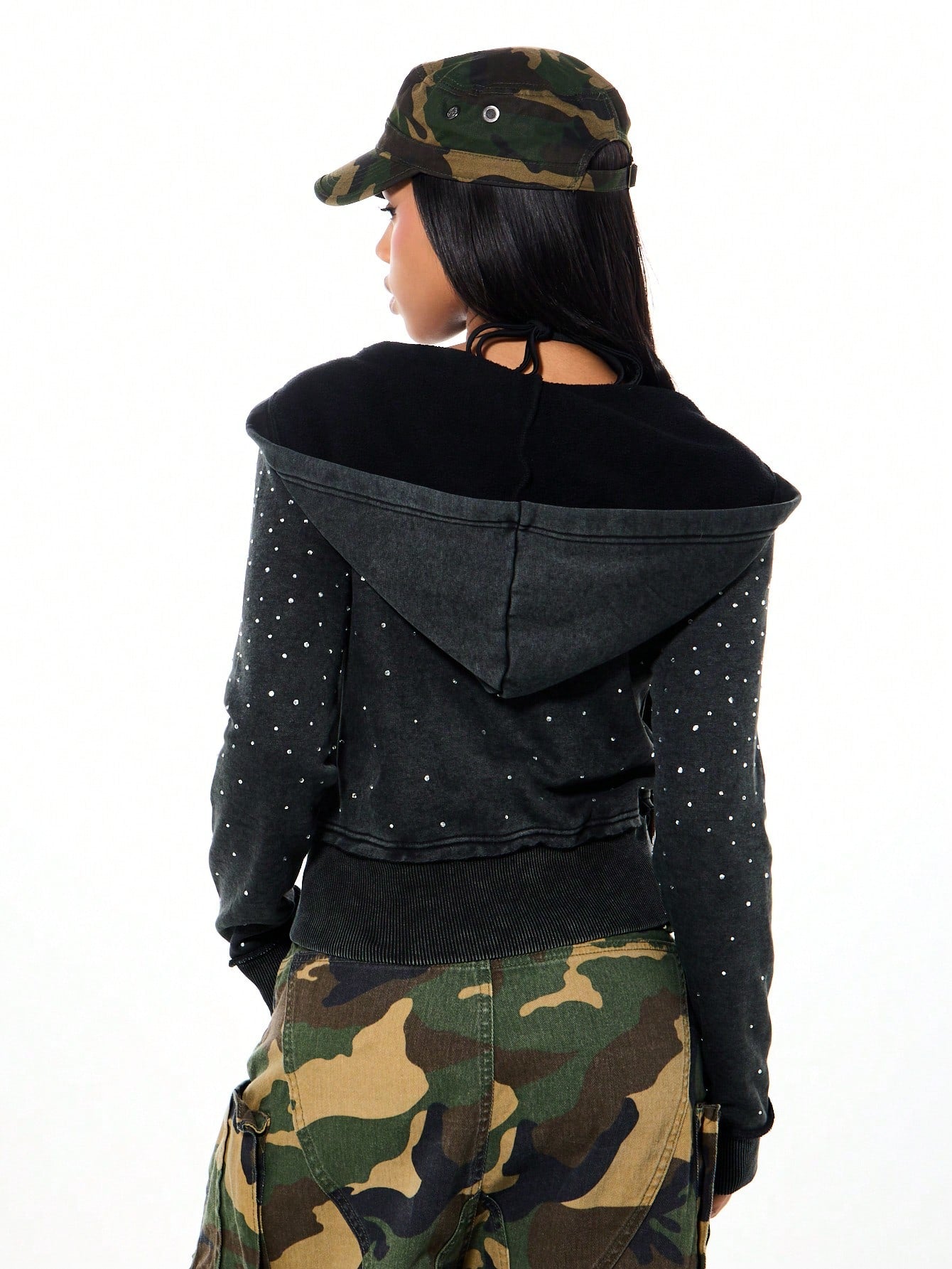 Women's Rhinestone Cropped Polka Dot Zip-Up Hoodie