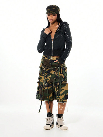 Women's Rhinestone Cropped Polka Dot Zip-Up Hoodie