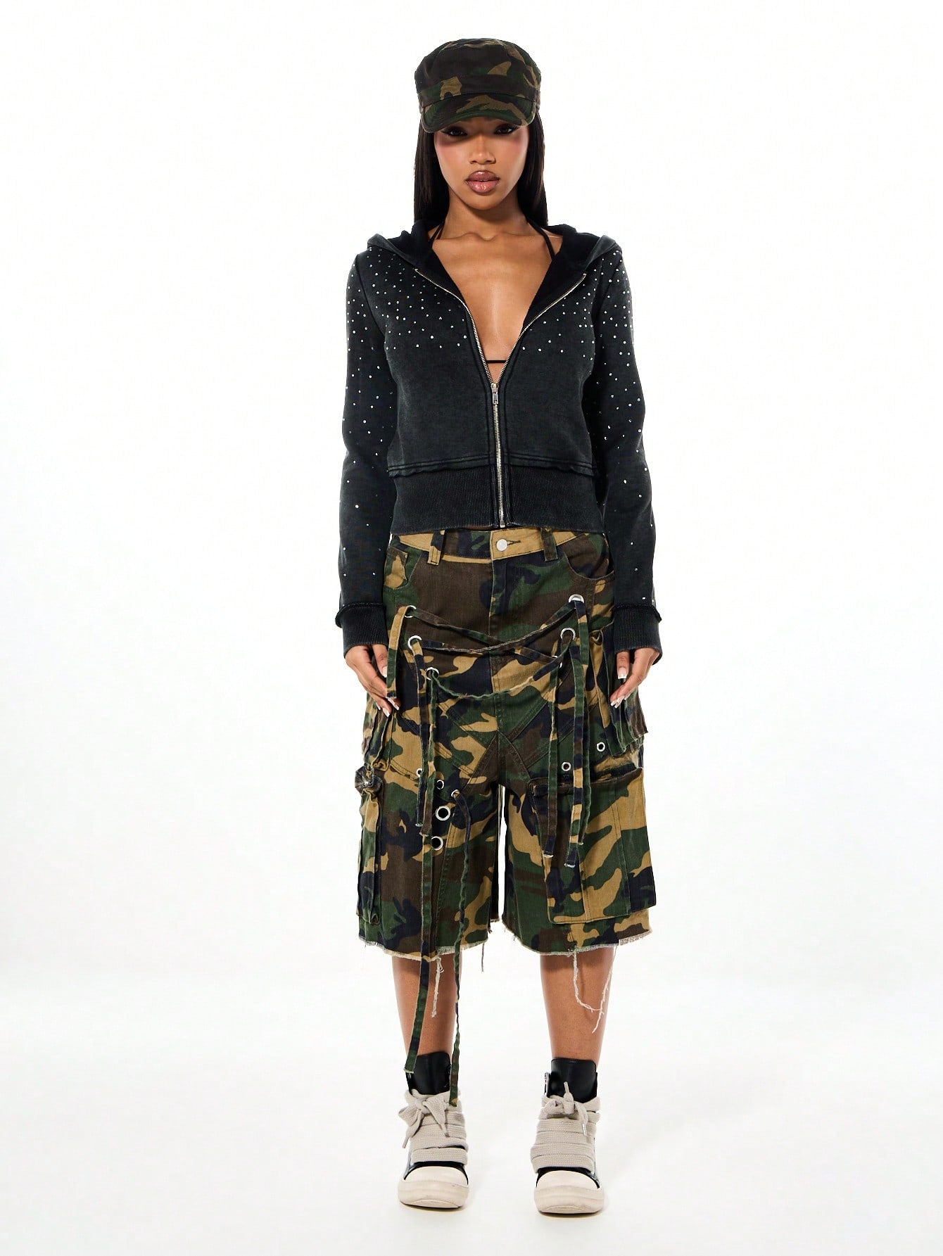 Women's Rhinestone Cropped Polka Dot Zip-Up Hoodie