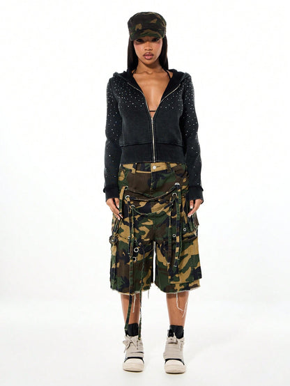 Women's Rhinestone Cropped Polka Dot Zip-Up Hoodie