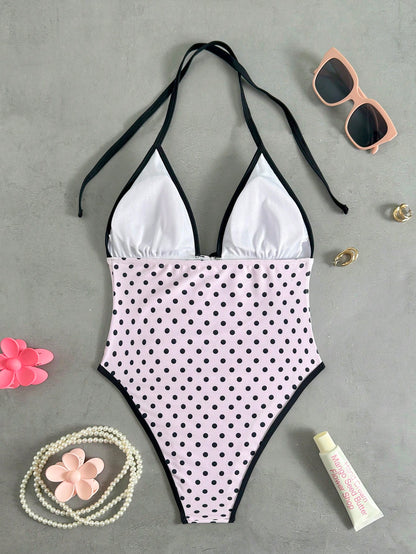 Polka Dot Print Twist Front One-Piece Swimsuit
