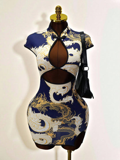 Sexy Mandarin Collar Cutout Knitted Mini Dress