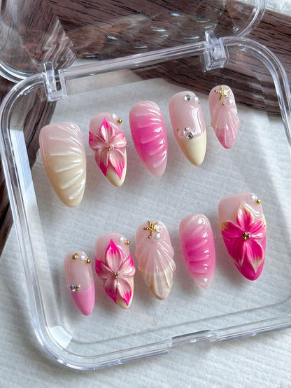 Handmade 3D Floral Almond Press-On Nails Pink & Yellow