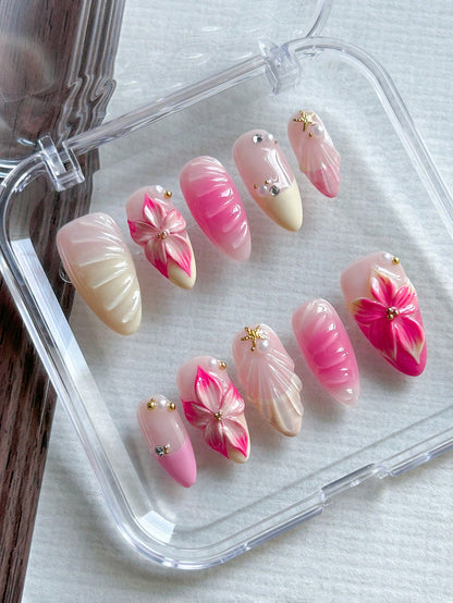 Handmade 3D Floral Almond Press-On Nails Pink & Yellow
