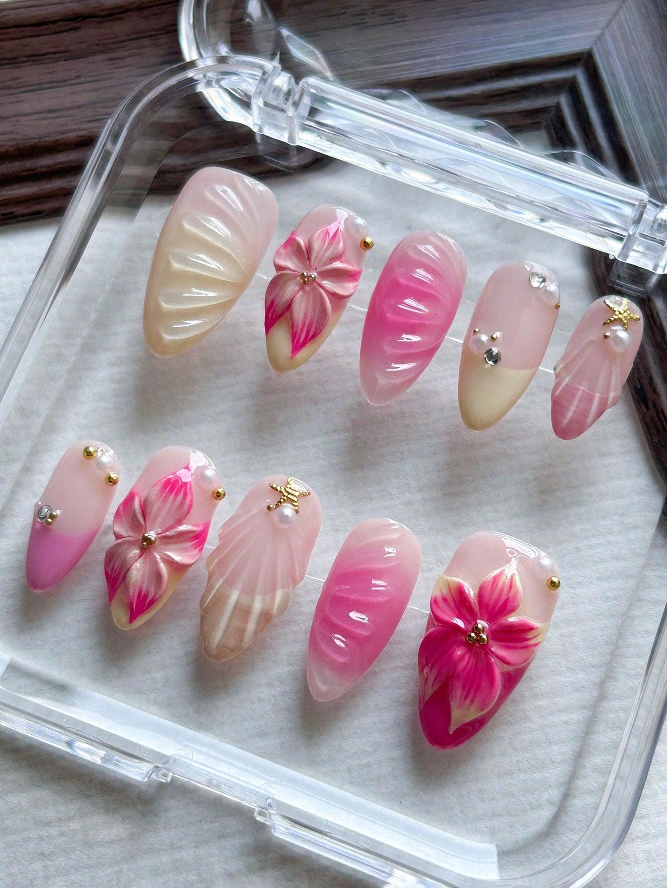 Handmade 3D Floral Almond Press-On Nails Pink & Yellow