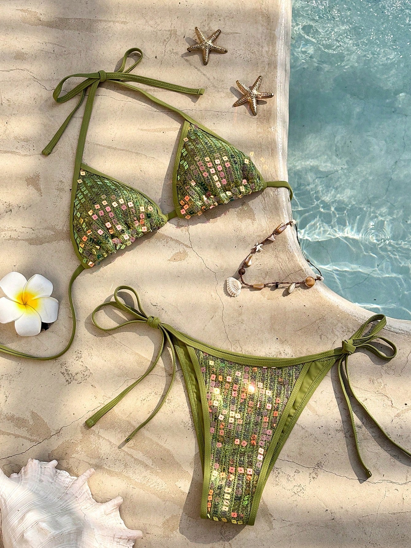 Green Sequin Rhinestone Beaded Sexy Bikini Set