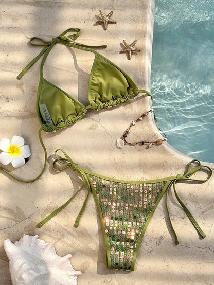 Green Sequin Rhinestone Beaded Sexy Bikini Set