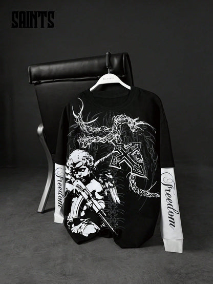 Dark Style Thorn Angel 2-in-1 Loose Long Sleeve Tee