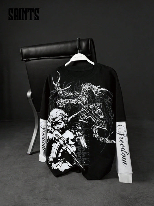 Dark Style Thorn Angel 2-in-1 Loose Long Sleeve Tee
