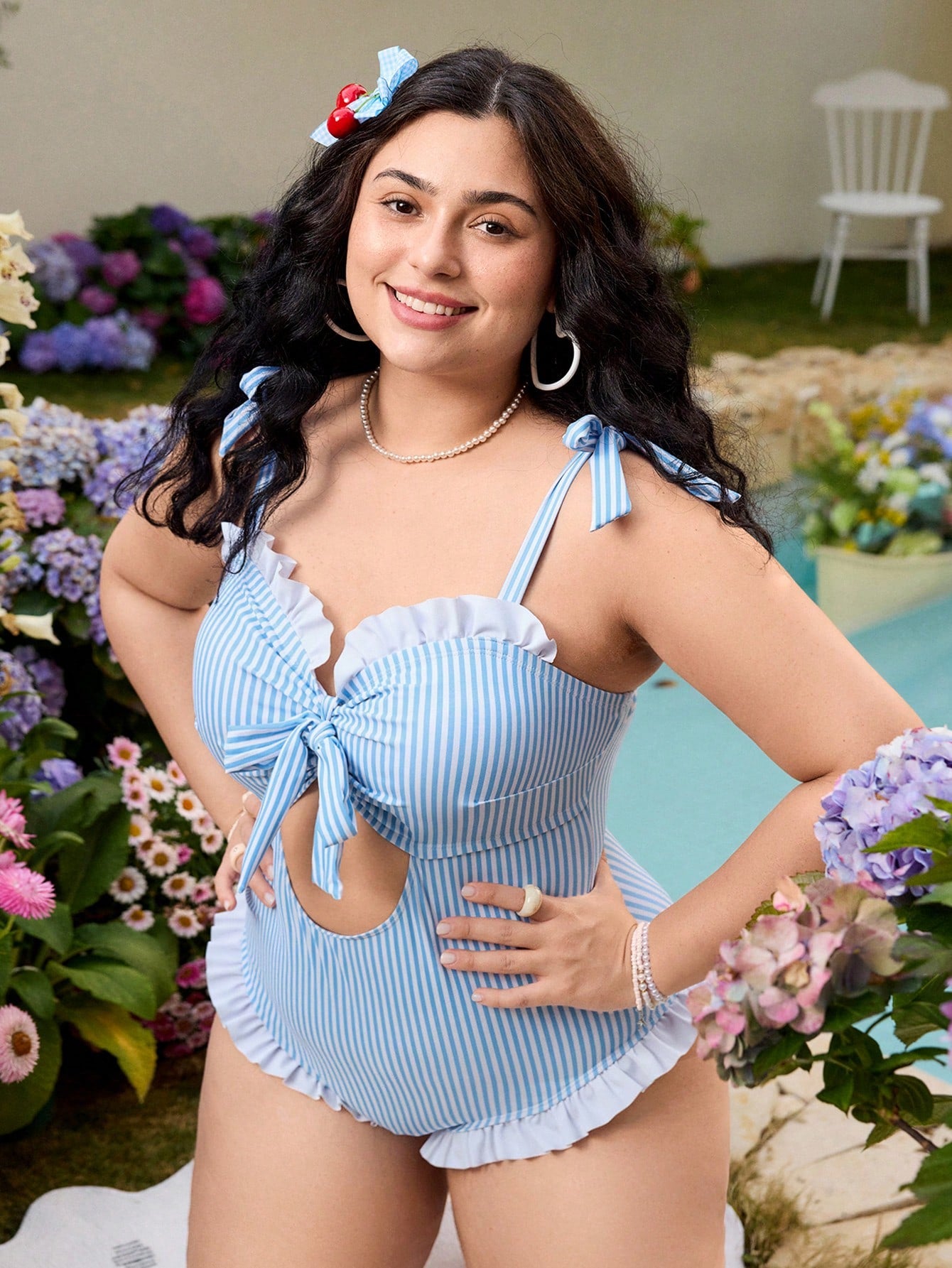 Plus Size Striped Tie-Front Cut-Out One-Piece Swimsuit