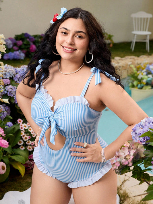 Plus Size Striped Tie-Front Cut-Out One-Piece Swimsuit