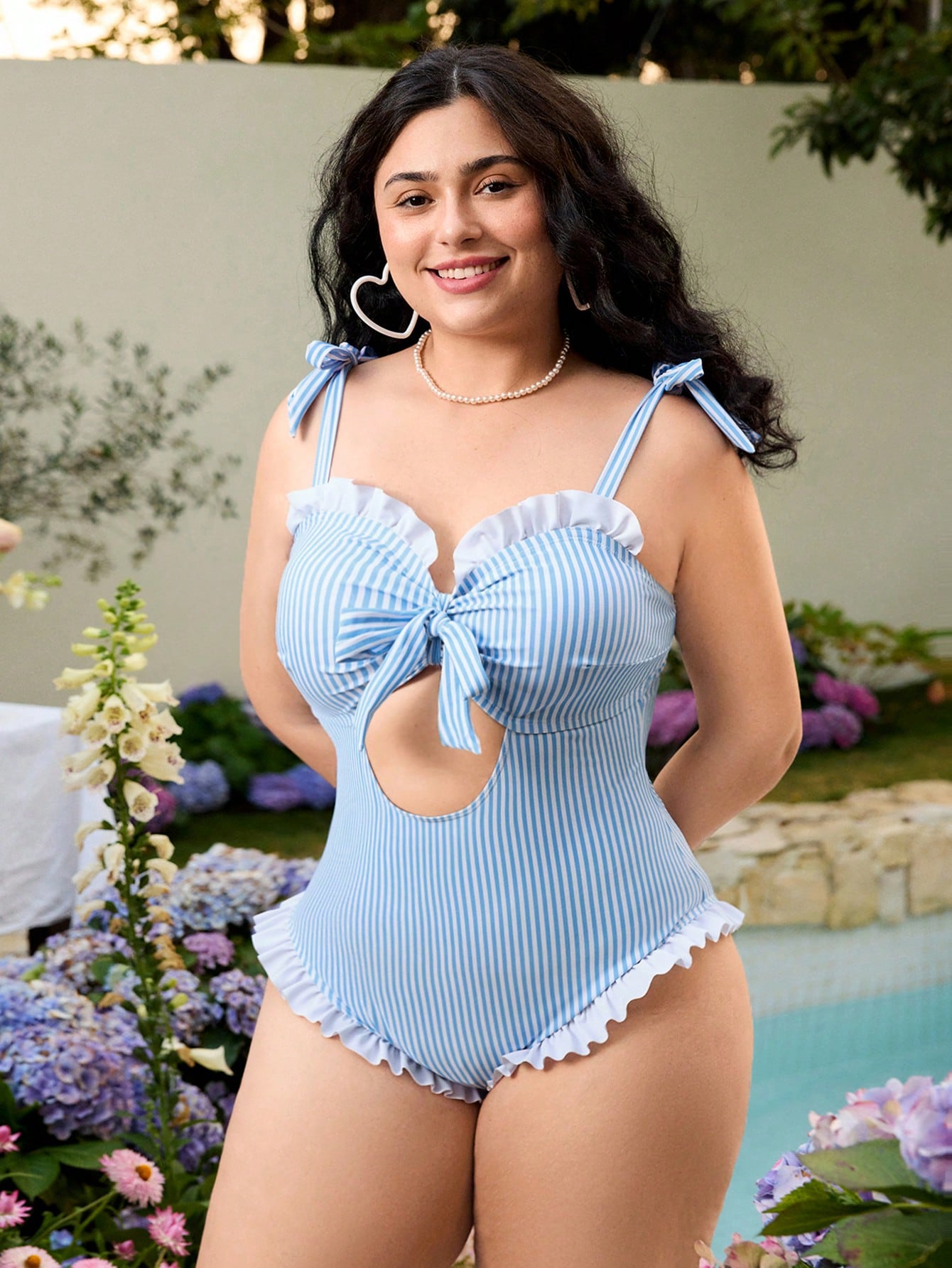 Plus Size Striped Tie-Front Cut-Out One-Piece Swimsuit