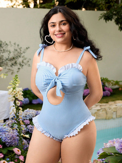 Plus Size Striped Tie-Front Cut-Out One-Piece Swimsuit