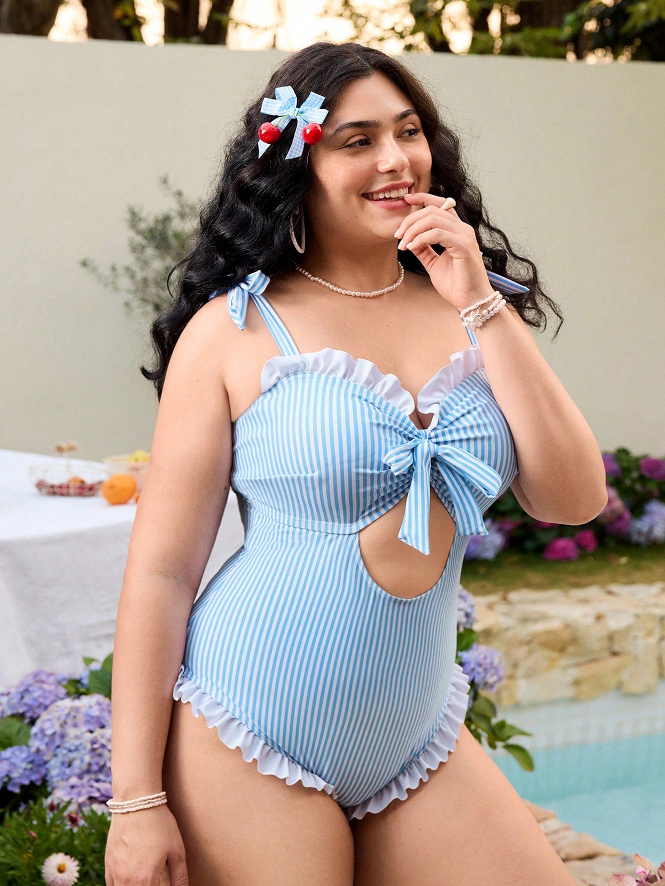 Plus Size Striped Tie-Front Cut-Out One-Piece Swimsuit
