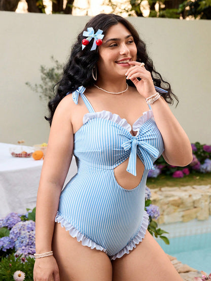 Plus Size Striped Tie-Front Cut-Out One-Piece Swimsuit