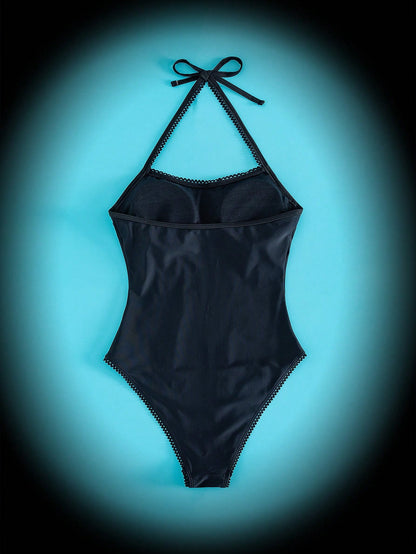 Gothic Cross Pendant Lace Halter One-Piece Swimsuit