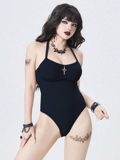 Gothic Cross Pendant Lace Halter One-Piece Swimsuit