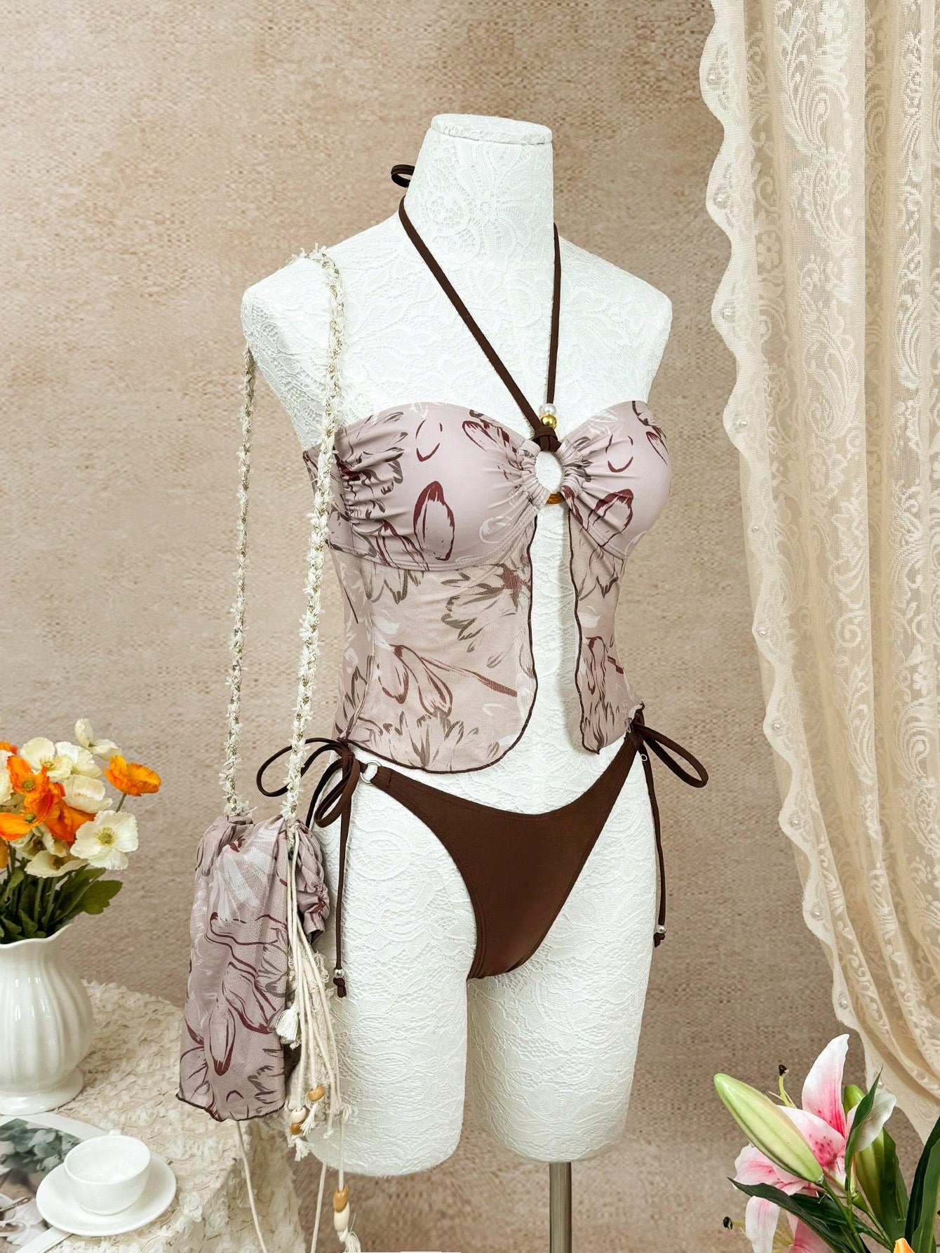 Floral Mesh Beaded 3-Piece Halter Bikini Set