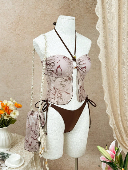 Floral Mesh Beaded 3-Piece Halter Bikini Set