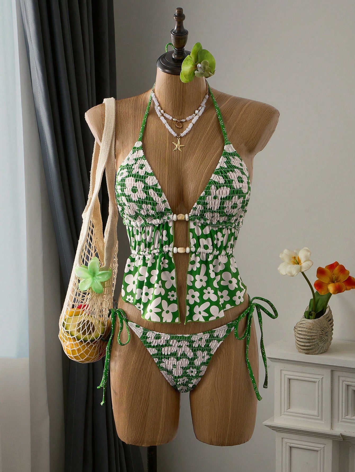 Floral Camisole & Drawstring Swim Shorts Set