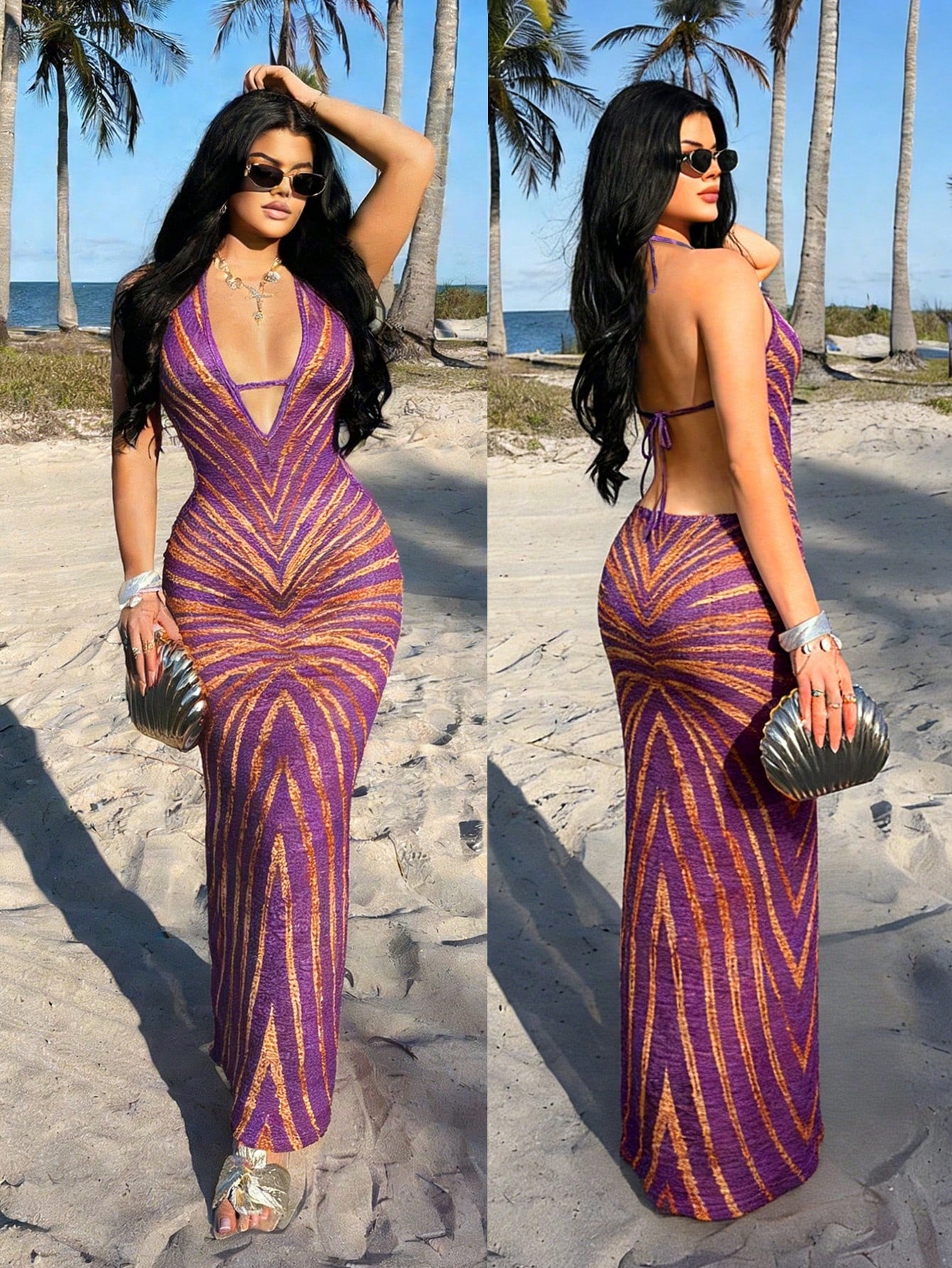 Sexy Sheer Print Backless Bodycon Vacation Dress