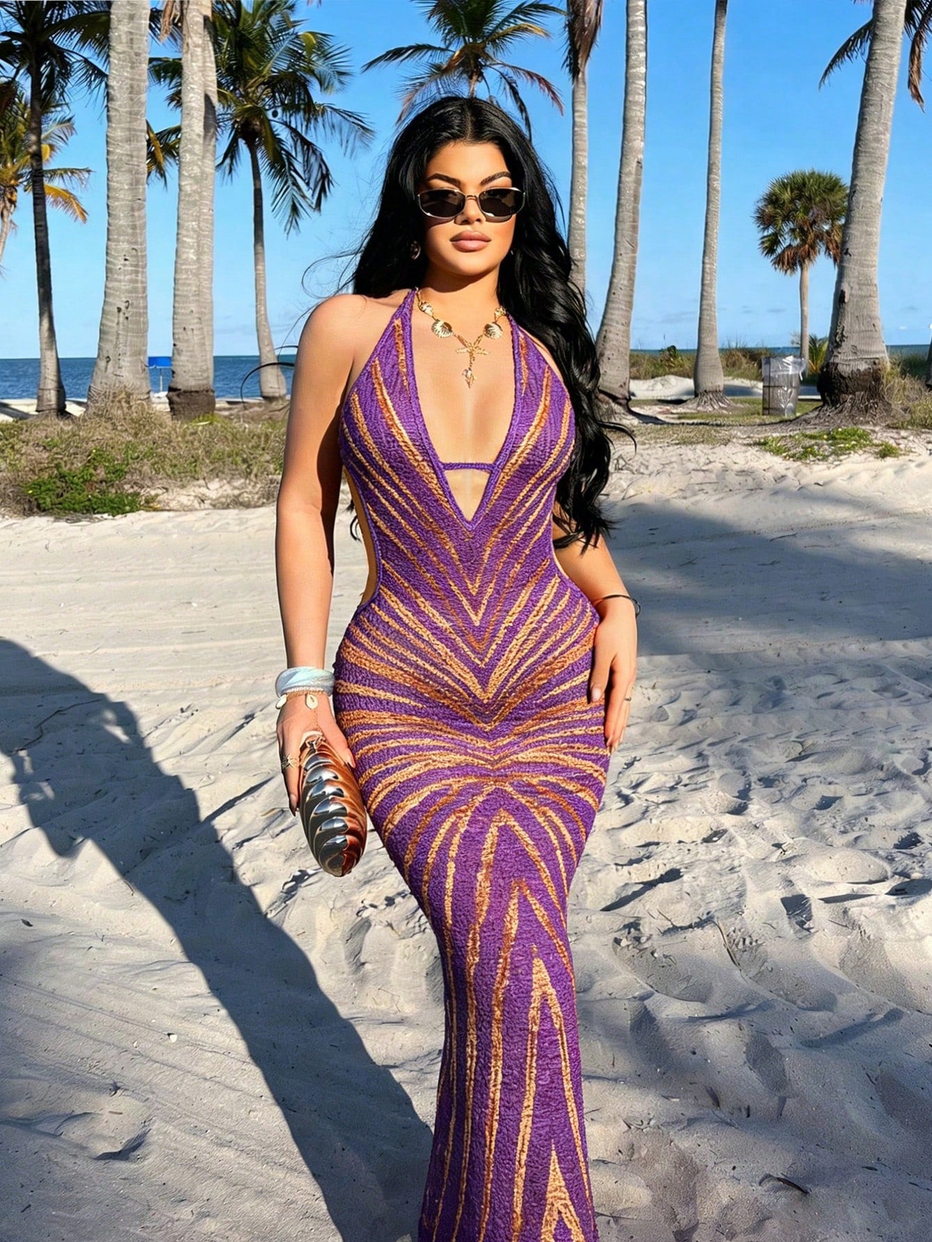 Sexy Sheer Print Backless Bodycon Vacation Dress