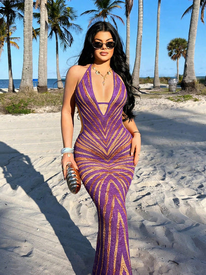 Sexy Sheer Print Backless Bodycon Vacation Dress