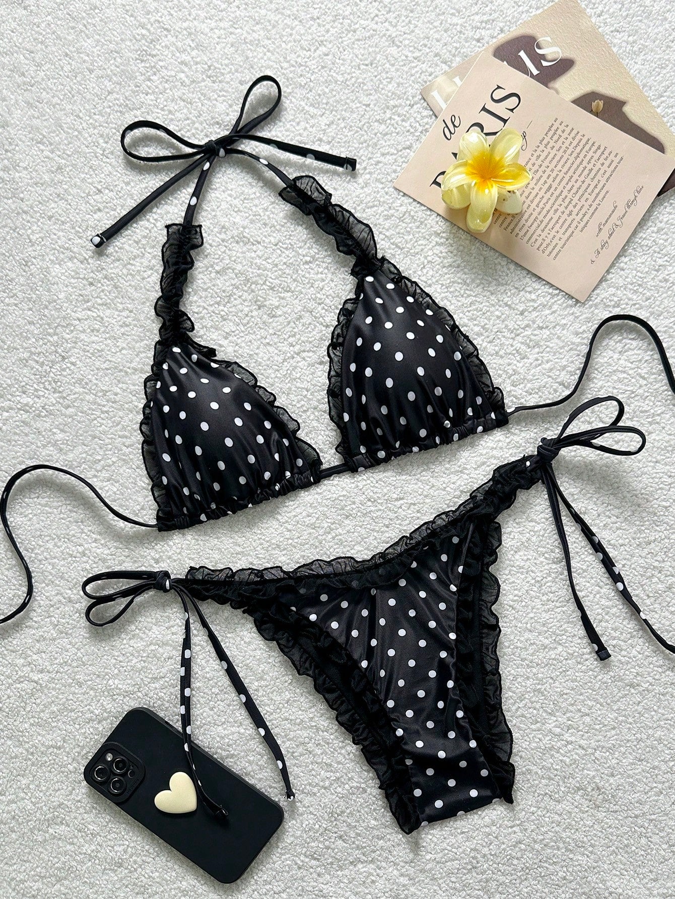 Floral Print Mesh Trim Halter Bikini Set