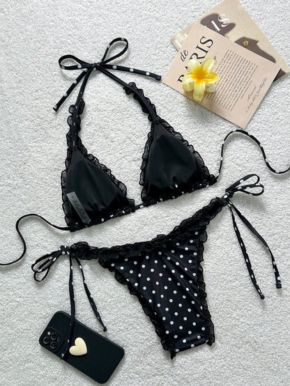 Floral Print Mesh Trim Halter Bikini Set