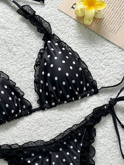 Floral Print Mesh Trim Halter Bikini Set