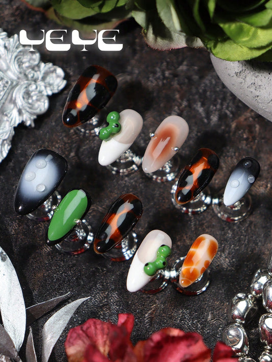 10pcs 3D Leopard & French Tip Almond Press-On Nails