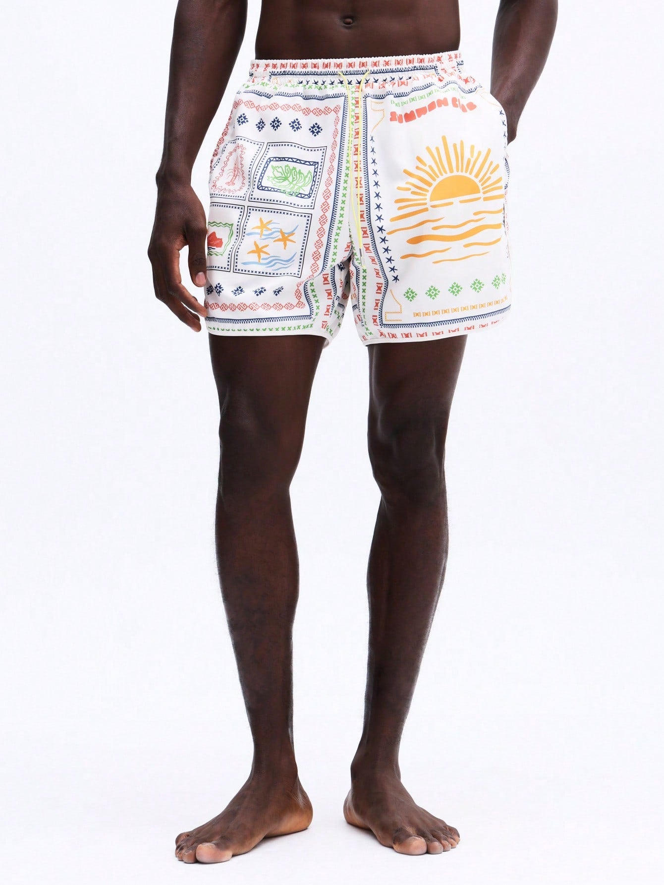 Men's Vibrant Patchwork Curved Hem Beach Shorts