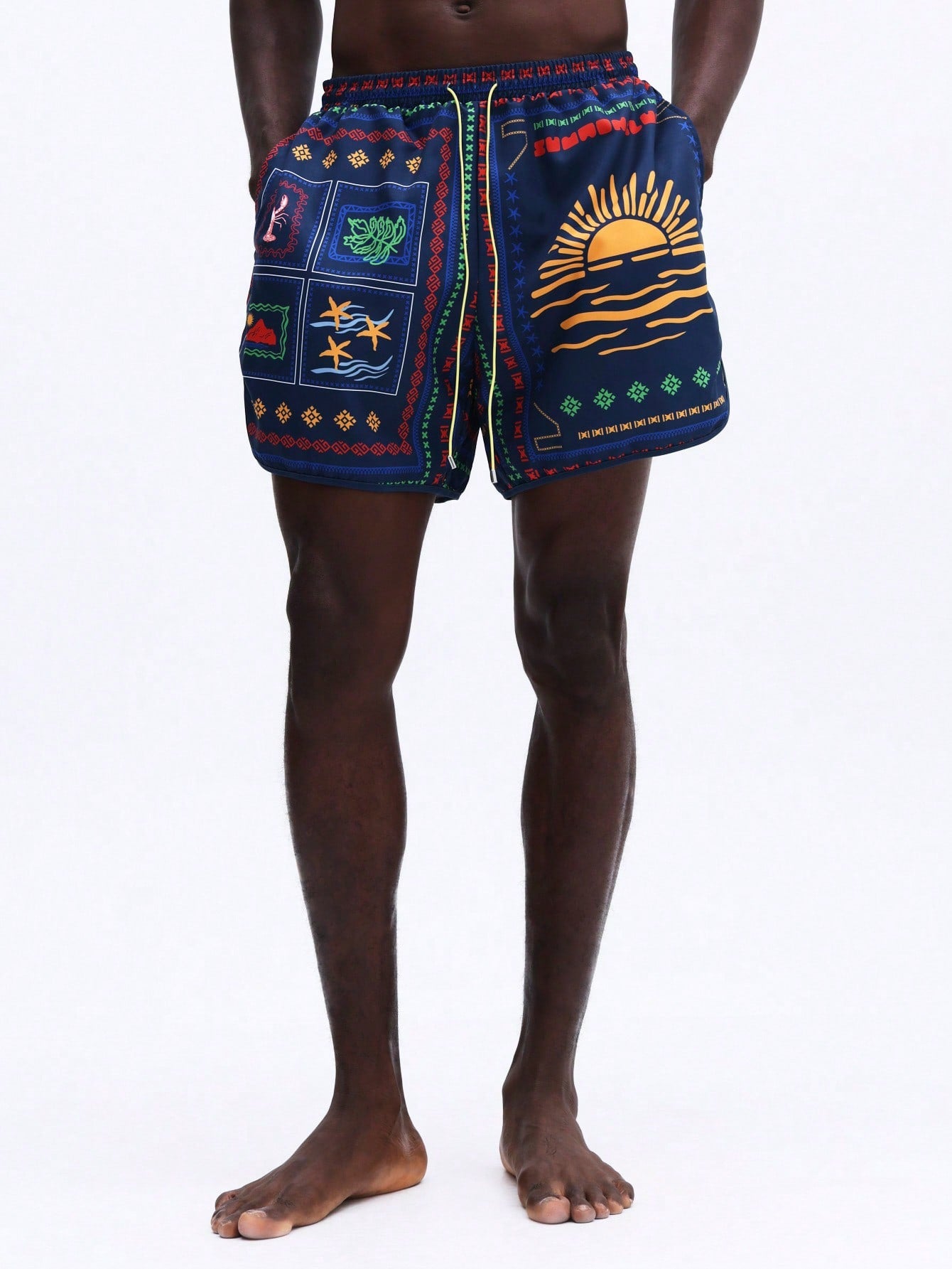 Men's Vibrant Patchwork Curved Hem Beach Shorts