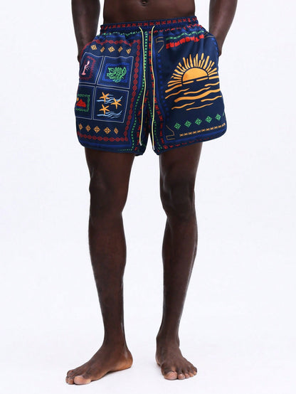 Men's Vibrant Patchwork Curved Hem Beach Shorts