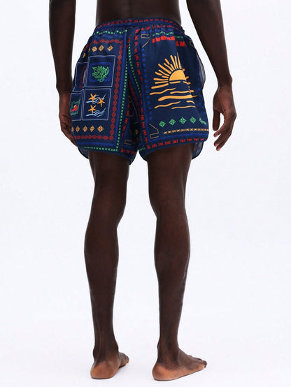 Men's Vibrant Patchwork Curved Hem Beach Shorts