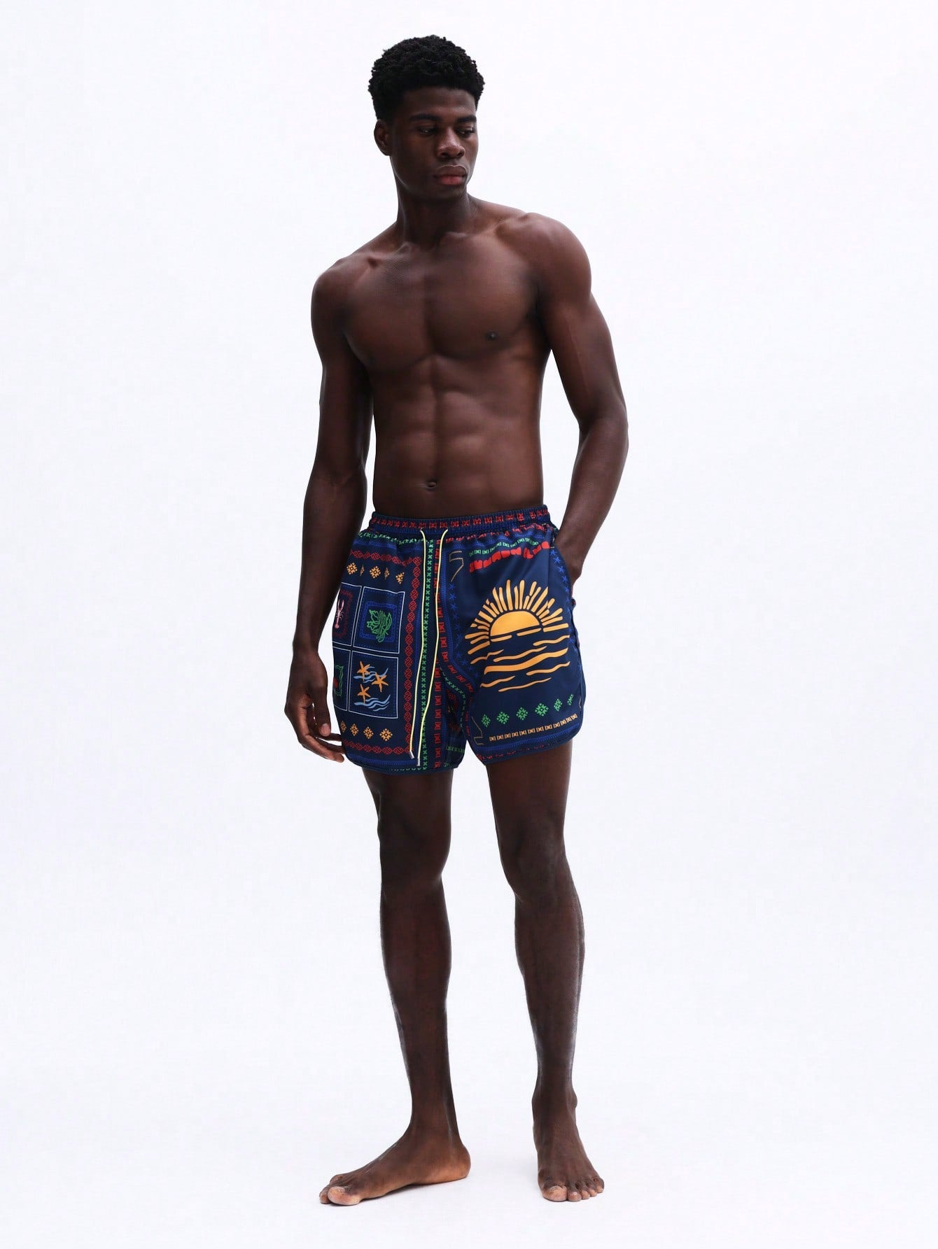 Men's Vibrant Patchwork Curved Hem Beach Shorts