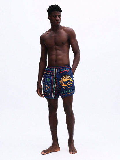 Men's Vibrant Patchwork Curved Hem Beach Shorts