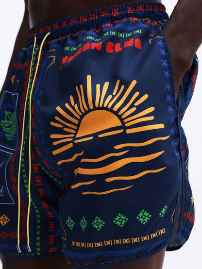 Men's Vibrant Patchwork Curved Hem Beach Shorts