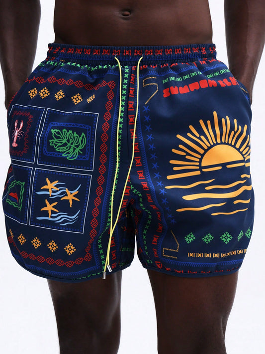 Men's Vibrant Patchwork Curved Hem Beach Shorts