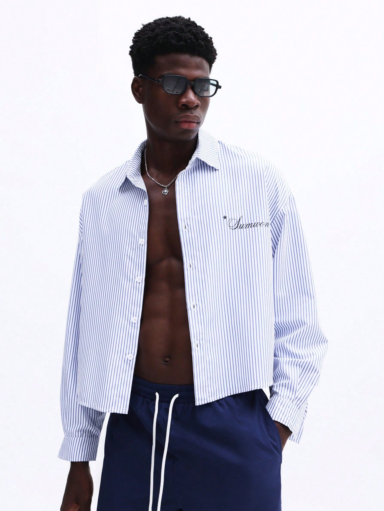 Men’s Striped Shirt and Drawstring Swim Shorts Set