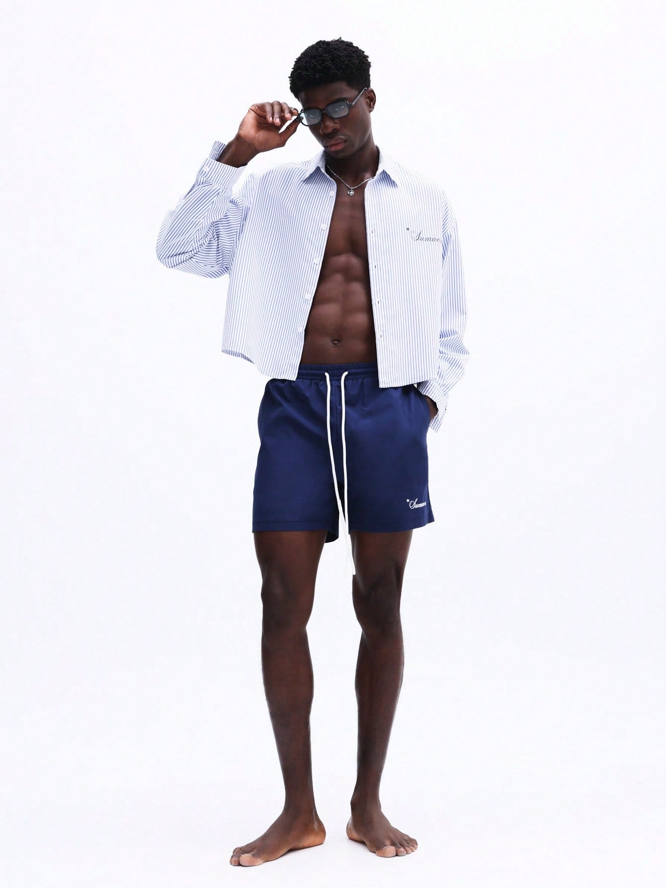 Men’s Striped Shirt and Drawstring Swim Shorts Set