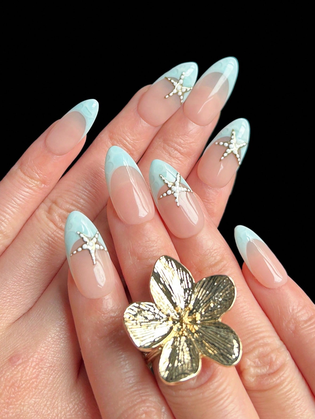 Blue Wavy Starfish Almond Press-On Nails (10pcs)