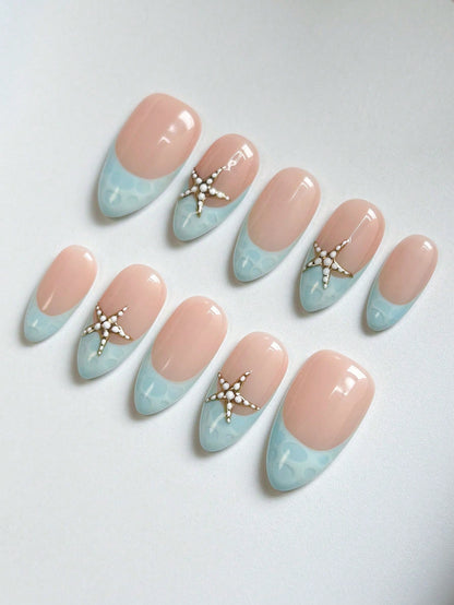 Blue Wavy Starfish Almond Press-On Nails (10pcs)