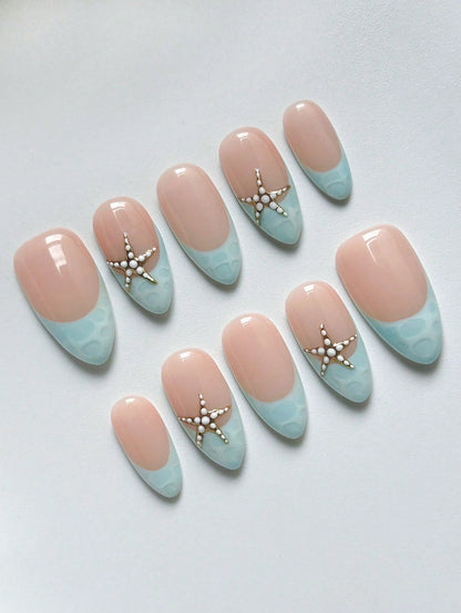 Blue Wavy Starfish Almond Press-On Nails (10pcs)