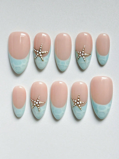 Blue Wavy Starfish Almond Press-On Nails (10pcs)
